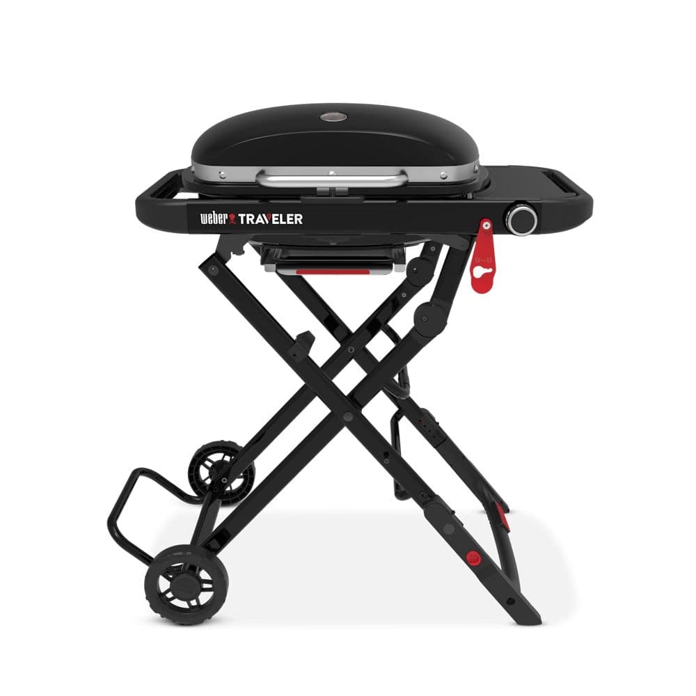 Weber Traveller Compact Cast Iron Piezo Spark LP Gas Grill BBQ Cart, Black
