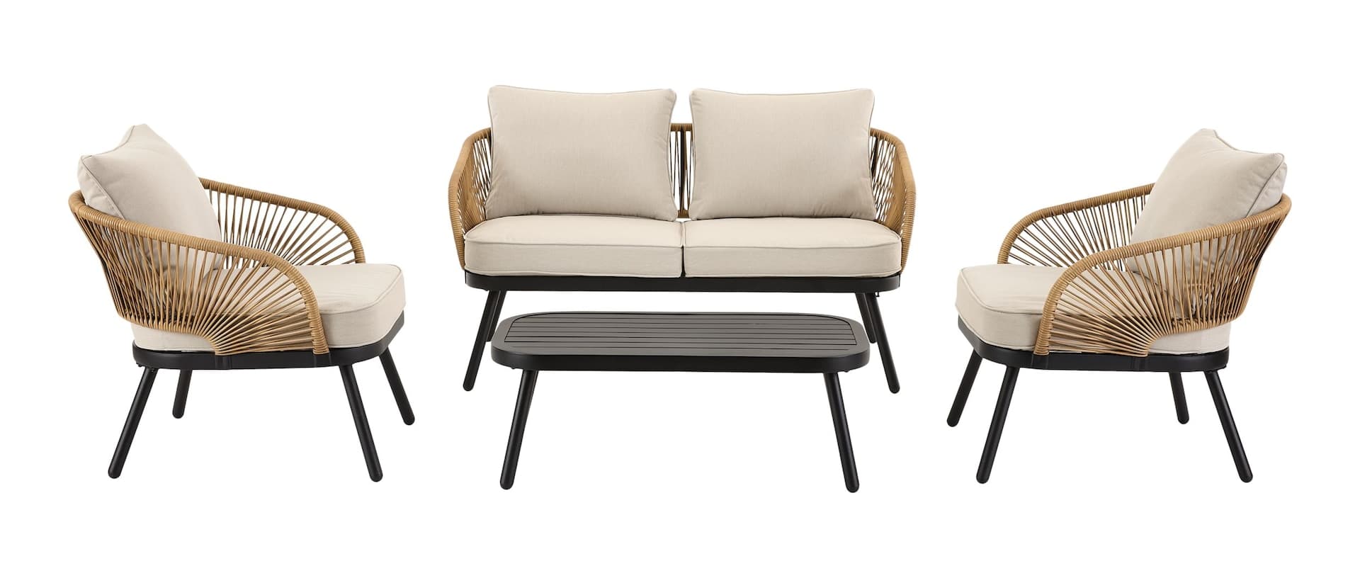 FOR LIVING Rope Outdoor Patio Conversation Set with Slatted Coffee Table, Beige, 4-pc