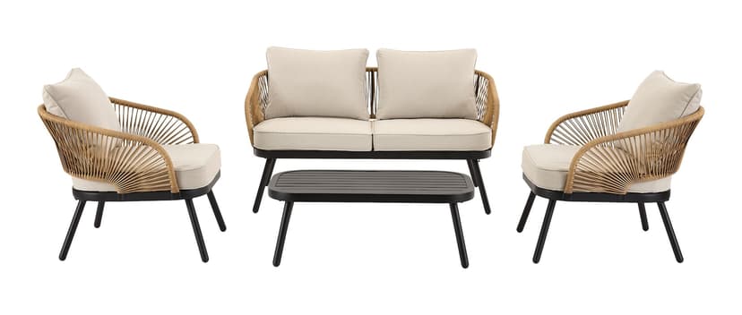 FOR LIVING Rope Outdoor Patio Conversation Set with Slatted Coffee Table, Beige, 4-pc