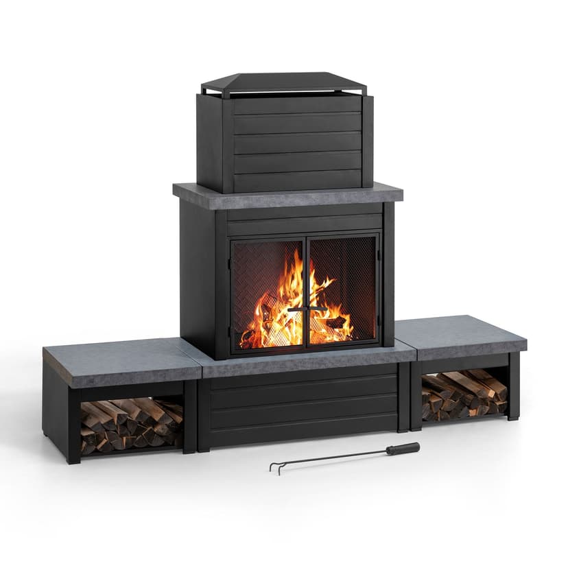 Sunjoy Winters Outdoor Woodburning Fireplace with Log Holder, Black/Grey, 3-pk