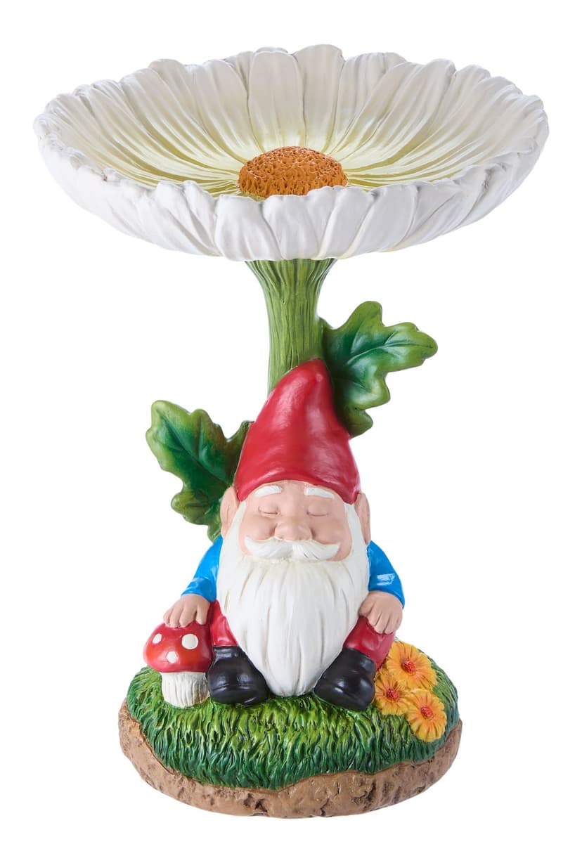 FOR LIVING Heavy Duty Resin Gnome Bird Bath, Weather-Resistant, 9-in