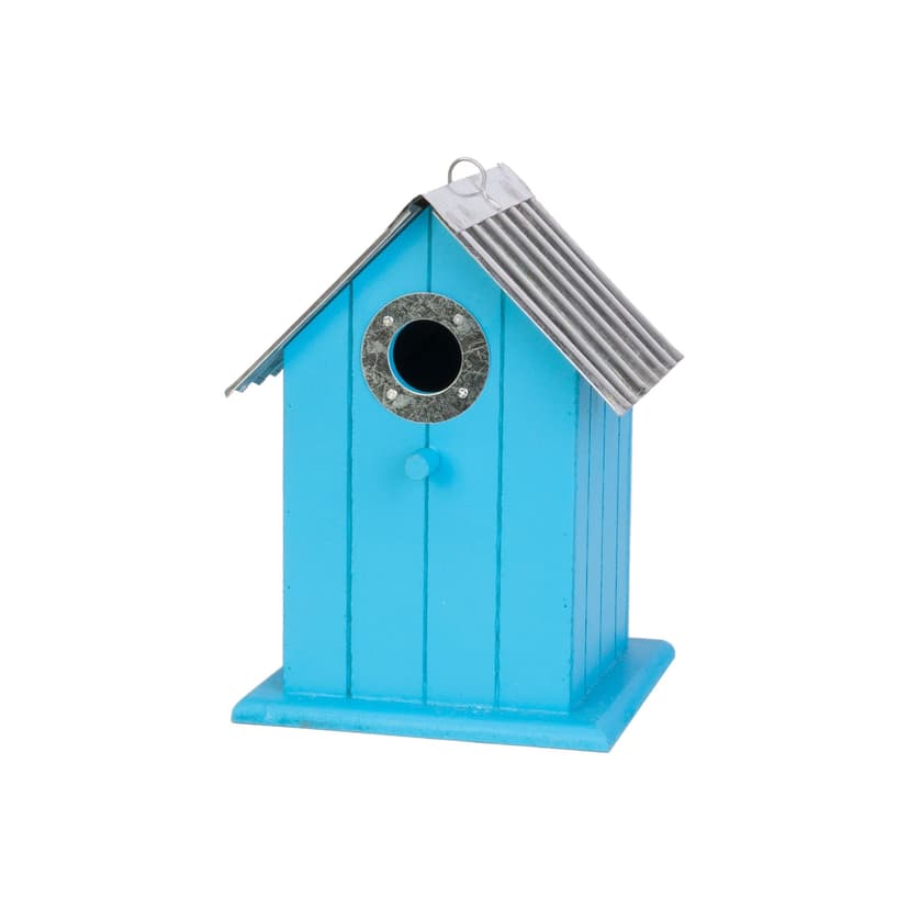 Colourful Wren and Chickadee Bird House with Metal Roof, Blue