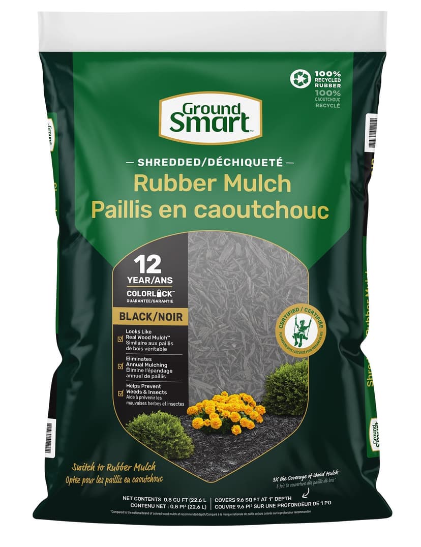 Premium Recycled Shredded Rubber Mulch, Recycled Rubber, Black, 22.6L