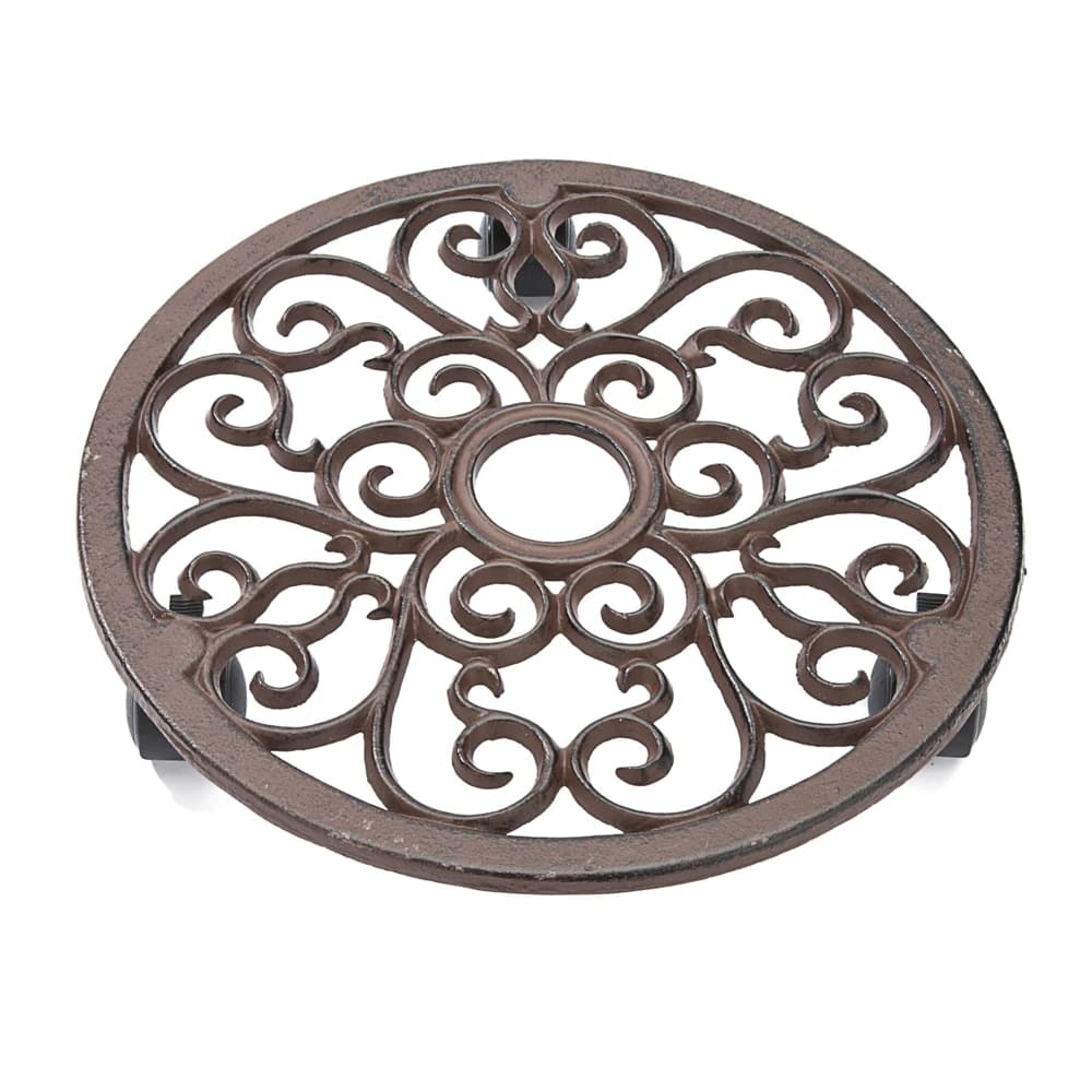 For Living Decorative Round Wrought-Iron Potted Plant Stand with Wheels, 12-in, Black