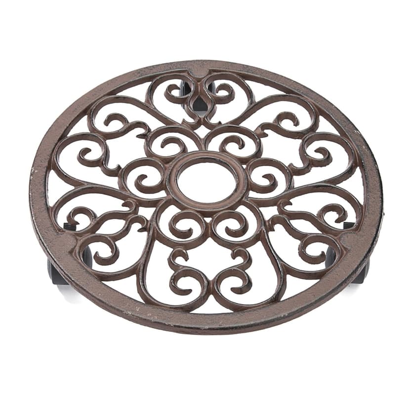 For Living Decorative Round Wrought-Iron Potted Plant Stand with Wheels, 12-in, Black