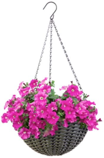 Hanging Resin Round Basket Planter w/ Chain Hanger, 14-in W x 7-in H x 14-in D
