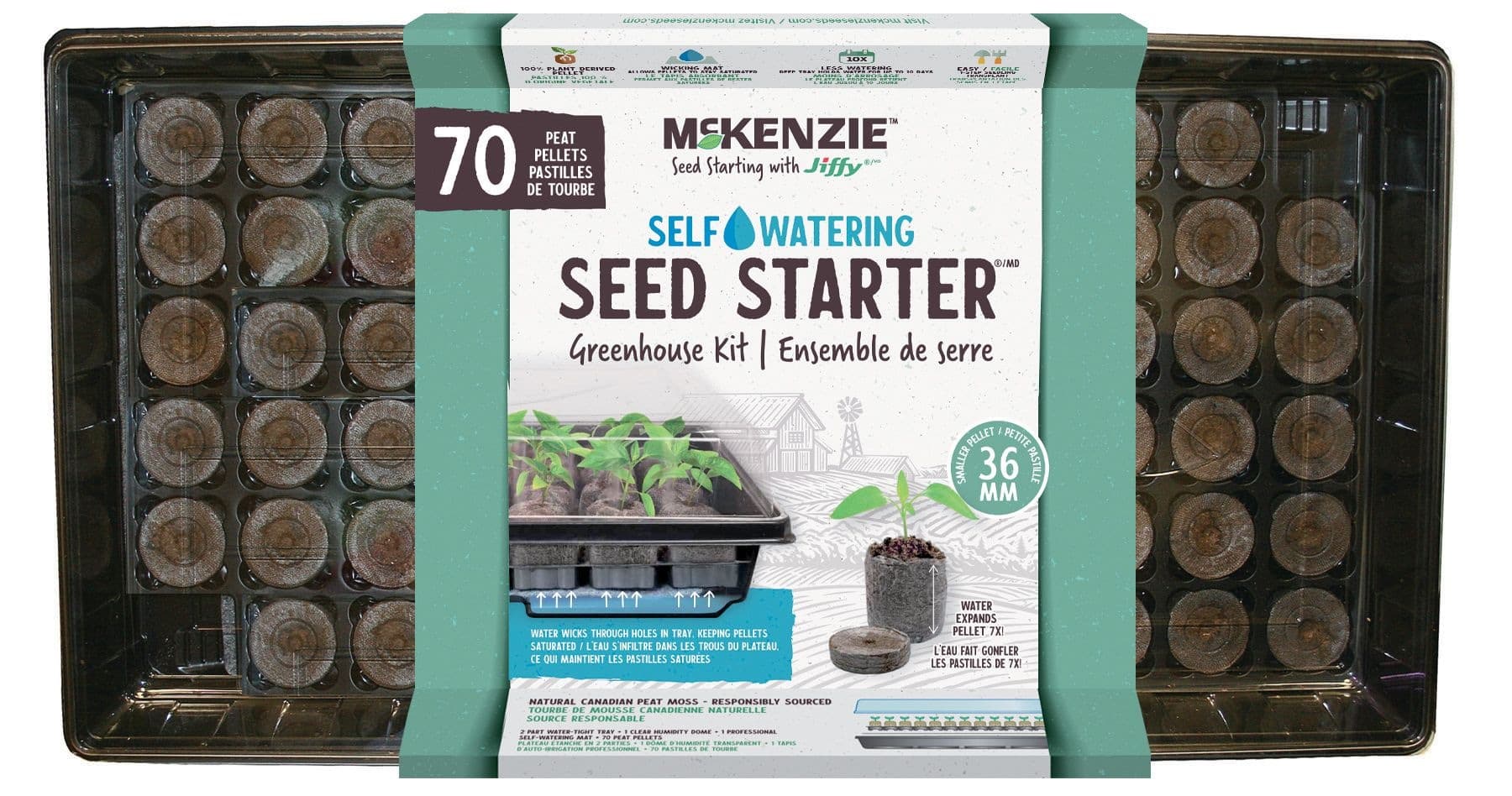 McKenzie with Jiffy Self-Watering Seed Starting Tray, Greenhouse w/ 70 Peat Pellets, 36mm