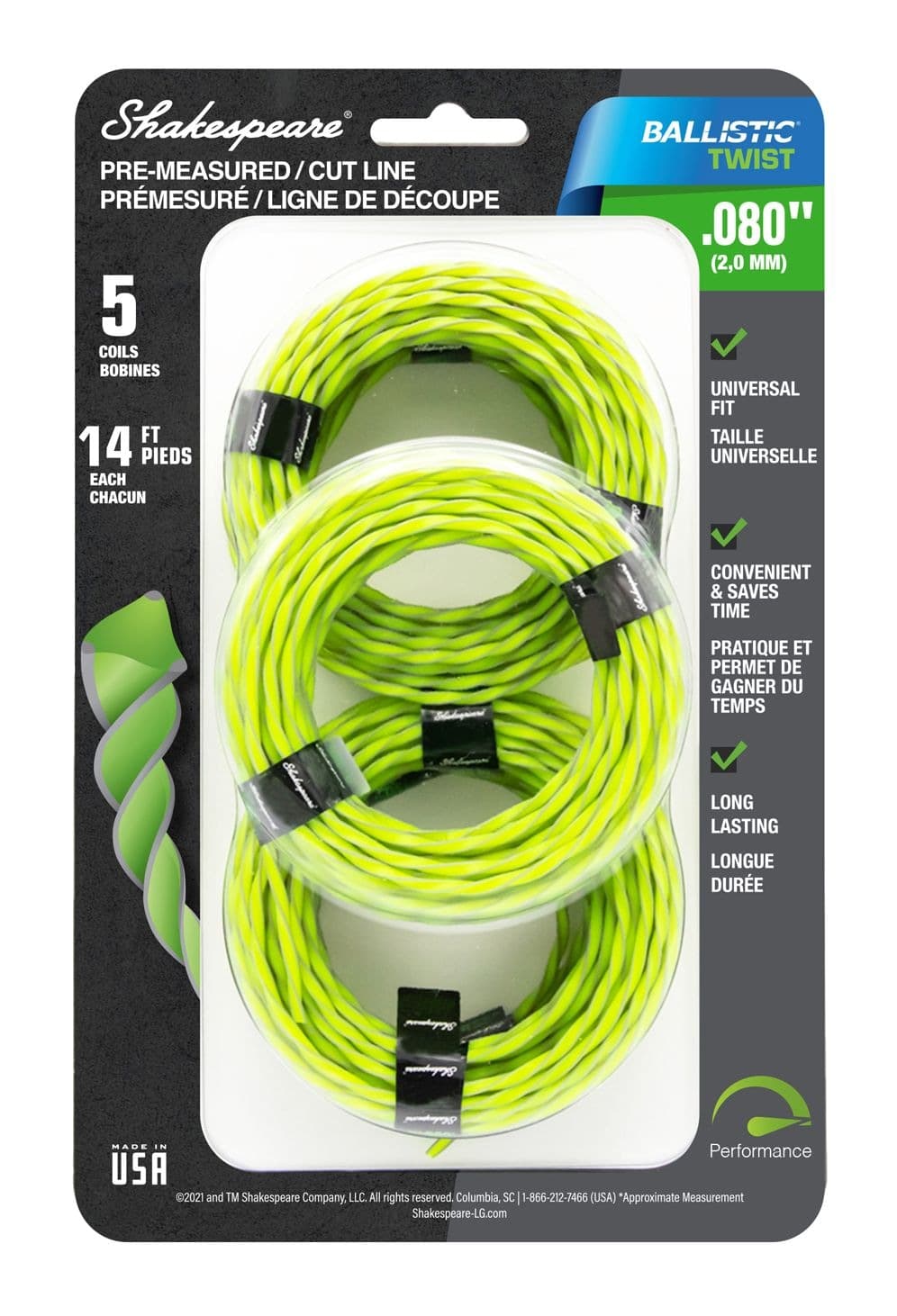 Shakespeare Ballistic Twist Universal Pre-Cut Trimmer Line Coils, 0.080-in x 14-ft