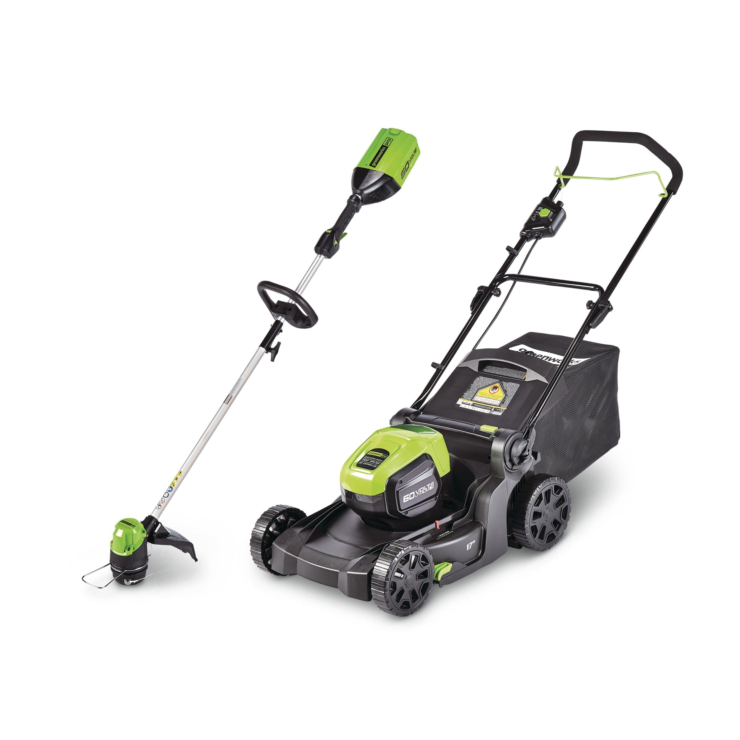 Greenworks 2-in-1 60V 4Ah Battery, Cordless Push Lawn Mower + String Trimmer, 17-in + 13-in
