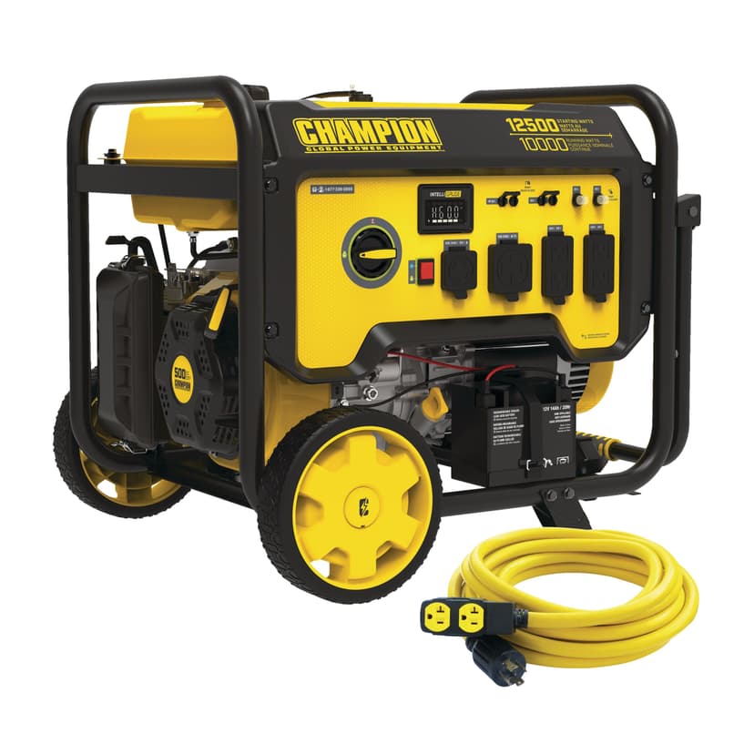 Champion Portable Gas Powered Generator with Electric Start, 25-ft Extension Cord, 10000/12500 Watt