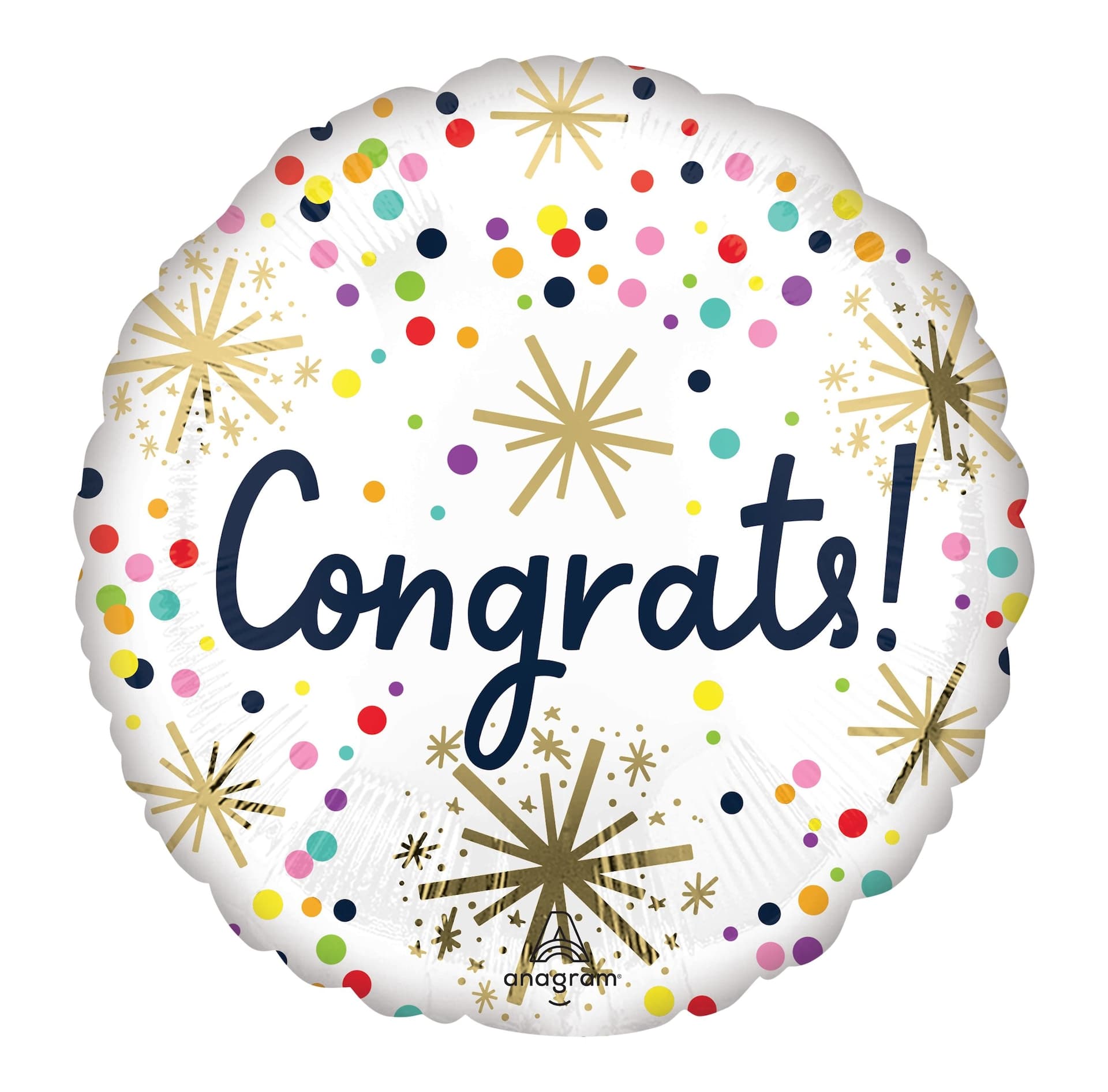 "Congrats" Round Satin Foil Balloon, White/Multi-Coloured, 18-in, Helium Inflation & Ribbon Included for Engagement/Graduation/Retirement