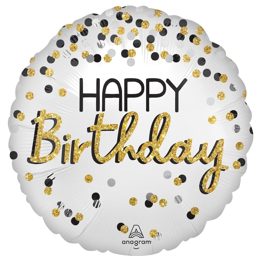 "Happy Birthday" Round Satin Foil Balloon, Gold/Black, Polka Dot, 18-in, Helium Inflation & Ribbon Included for Birthday Party
