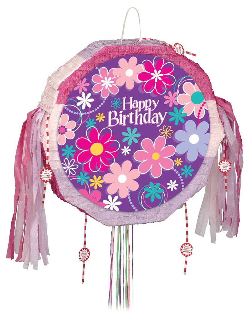 "Happy Birthday" Flower Pinata Hanging Pull String Decoration, Pink/Purple, 18-in, Holds 2lb of Pinata Filler, for Birthday Parties