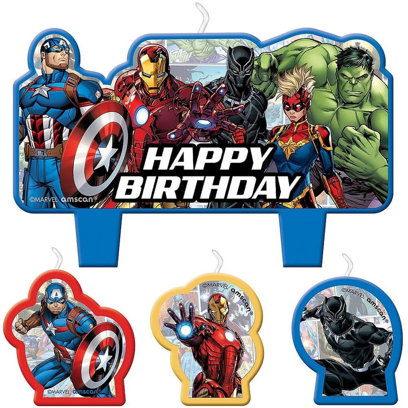 Disney Marvel Avengers "Happy Birthday" Hulk/Iron Man/Black Panther Wax Candle Set, Multi-Coloured, 2.25-in, 4-pk, for Birthday Party