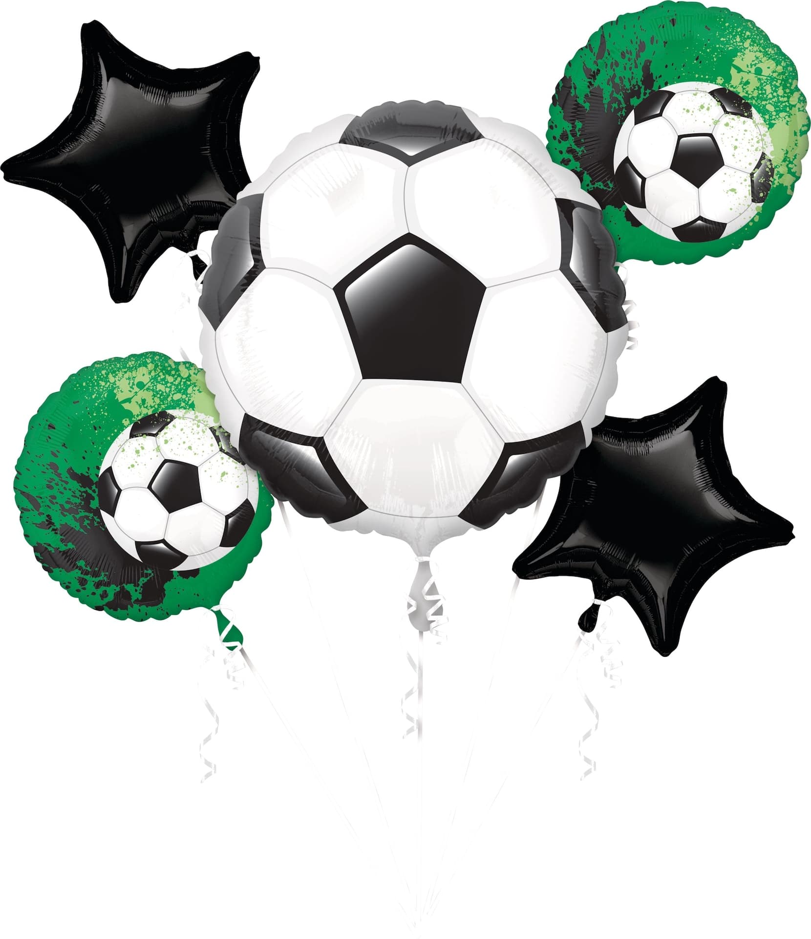Soccer Ball/Star Satin Foil Balloon Bouquet, White/Black/Green, 5-pk, Helium Inflation & Ribbon Included for Sports Party