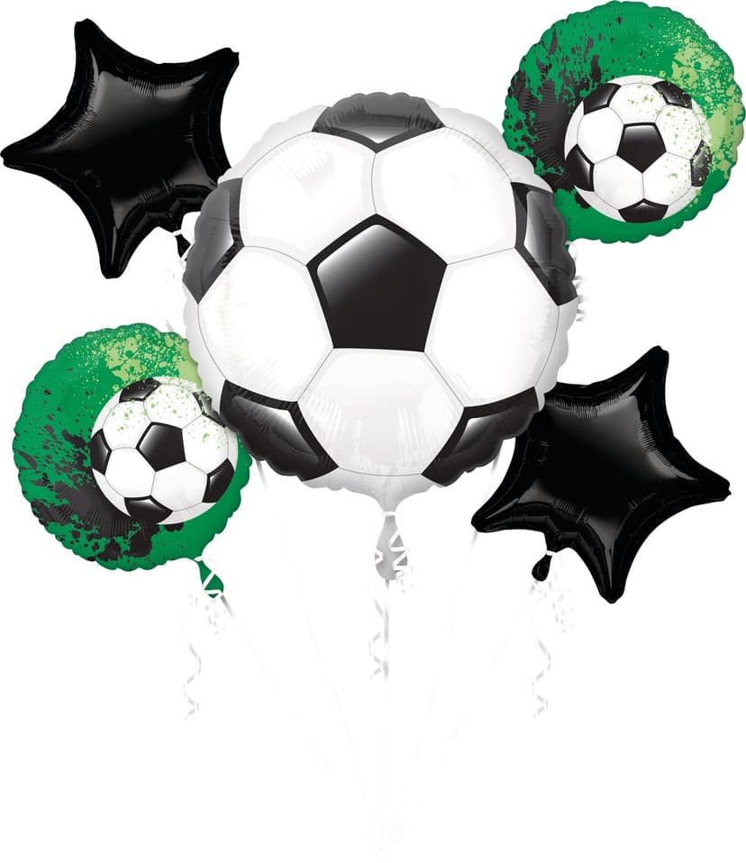 Soccer Ball/Star Satin Foil Balloon Bouquet, White/Black/Green, 5-pk, Helium Inflation & Ribbon Included for Sports Party