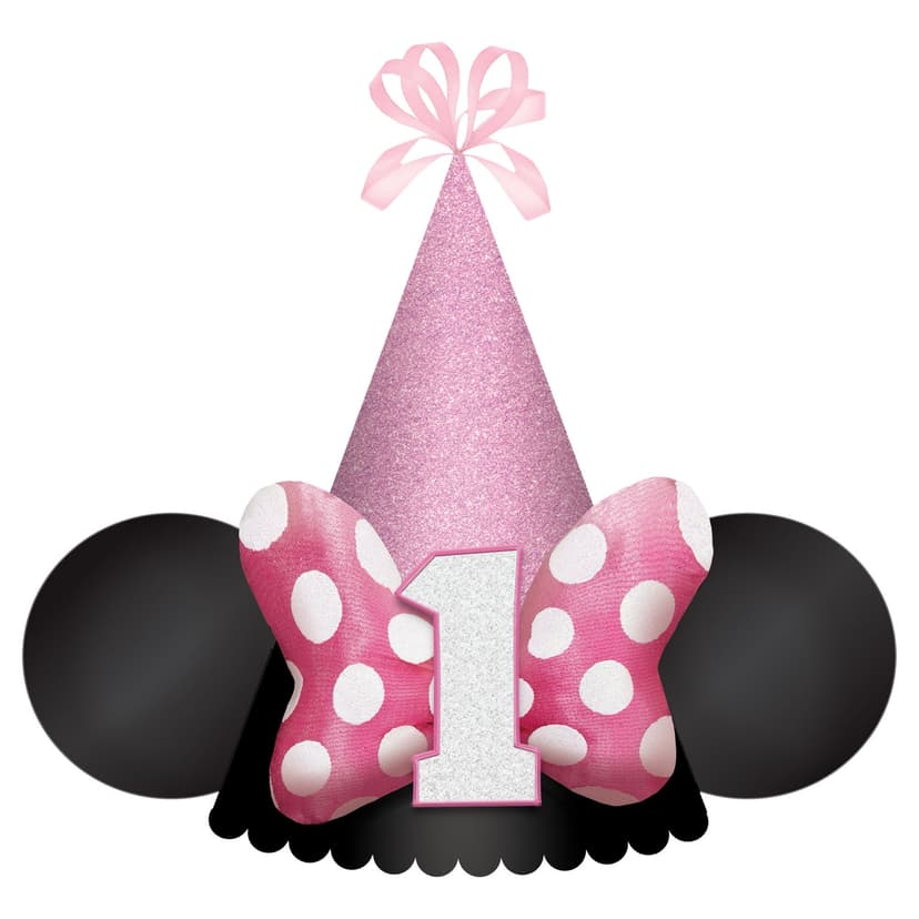 Disney Minnie Mouse Glitter Cone Party Hat with Ears, Black/Pink Polka Dots, One Size, Wearable Accessory for Birthdays