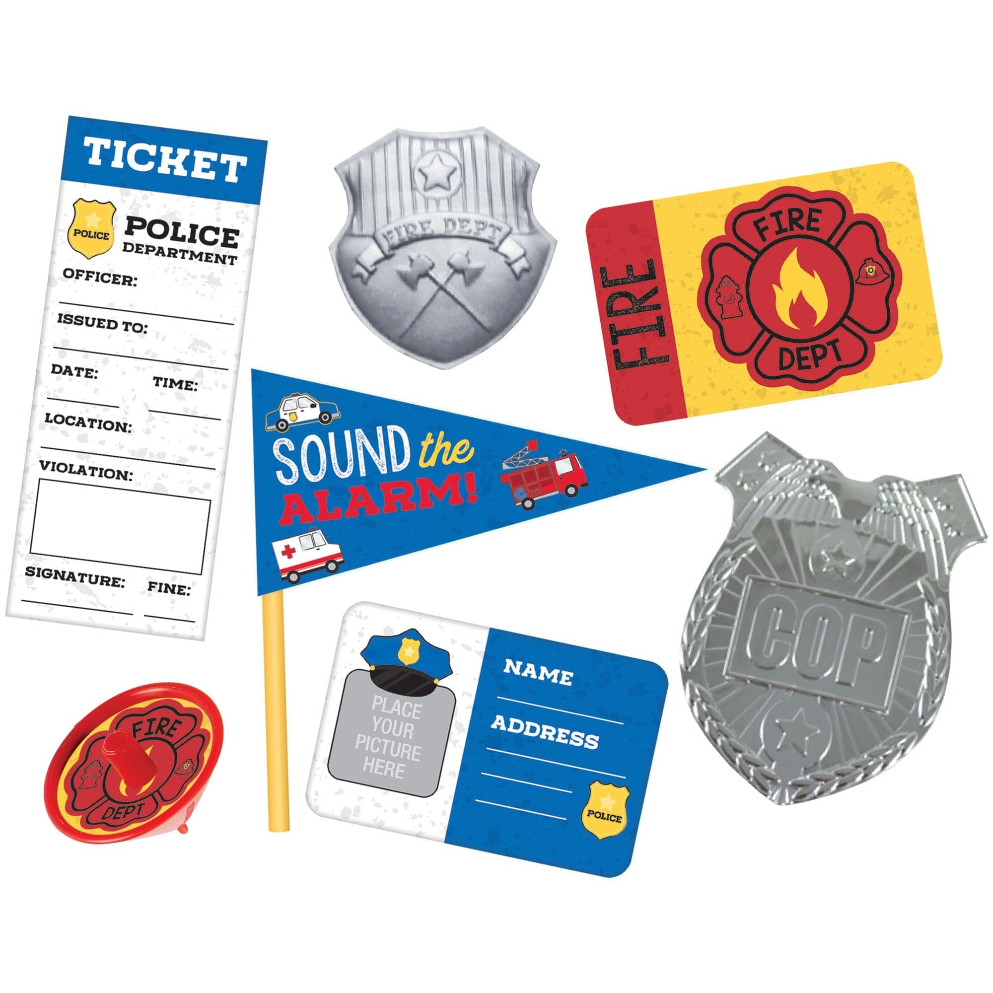 First Responders "Sound the Alarm" Police & Firefighter Mega Mix Party Favour Pack, Blue/Red/Yellow, 48-pk, for Birthday/Party Favour