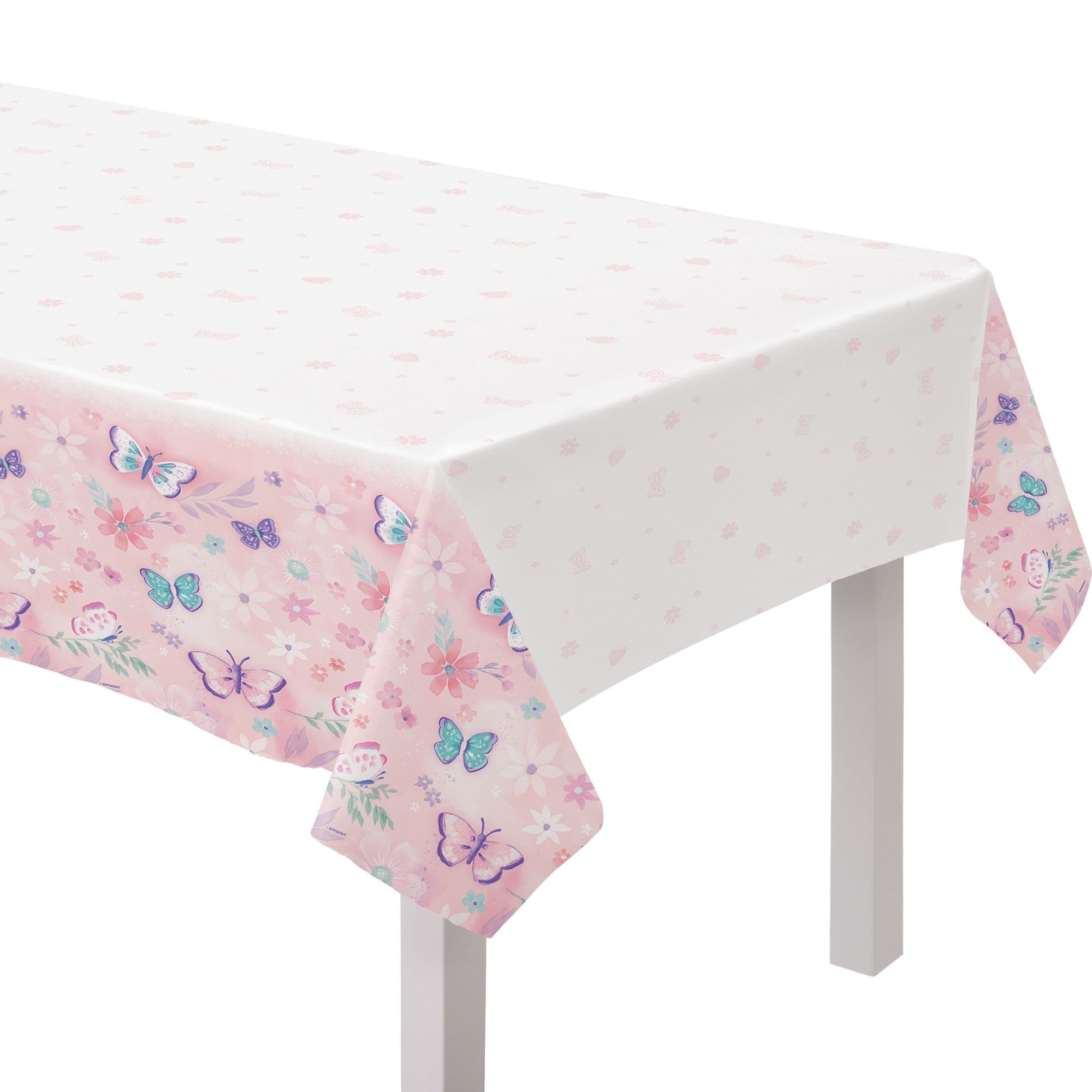 Flutter Rectangle Plastic Reusable Table Cover, White/Pink, 54x96-in, for Birthday Party
