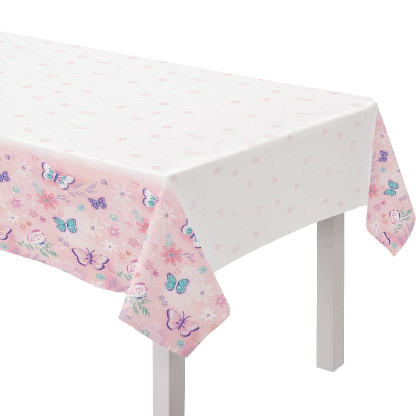Flutter Rectangle Plastic Reusable Table Cover, White/Pink, 54x96-in, for Birthday Party