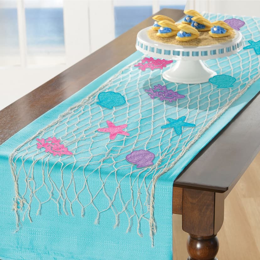 Shimmering Mermaids Rectangle Reusable Fish Net Table Runner with Confetti, Blue, 7.75-in, 13-pk, for Birthday Party