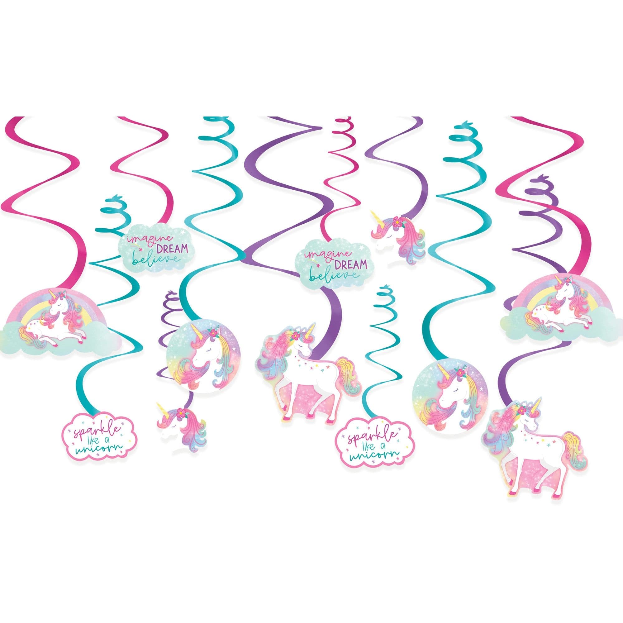 Unicorn "Imagine Dream Believe" Swirl Hanging Decorations, Pink/Blue, 10-in, 12-pk, for Birthday Party