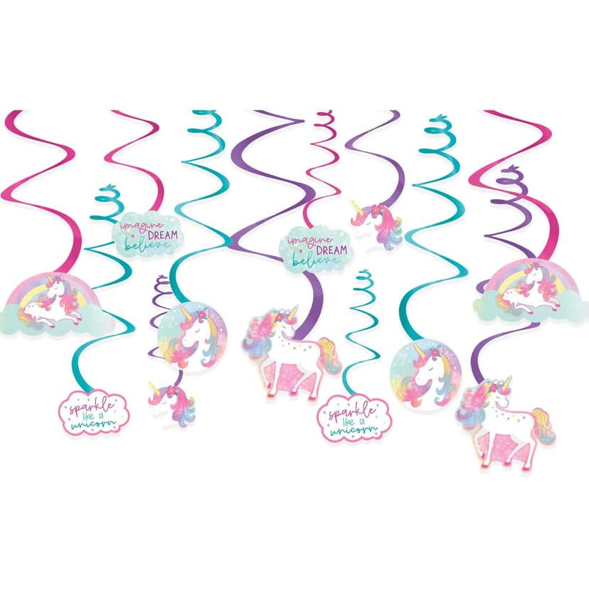 Unicorn "Imagine Dream Believe" Swirl Hanging Decorations, Pink/Blue, 10-in, 12-pk, for Birthday Party
