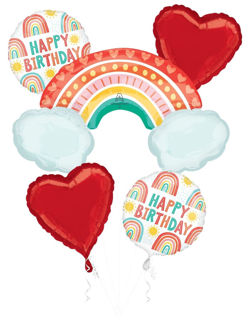 Retro Rainbow "Happy Birthday" Rainbow/Heart Satin Foil Balloon Bouquet, Multi-Coloured, 5-pk, Helium Inflation & Ribbon Included for Birthday Party