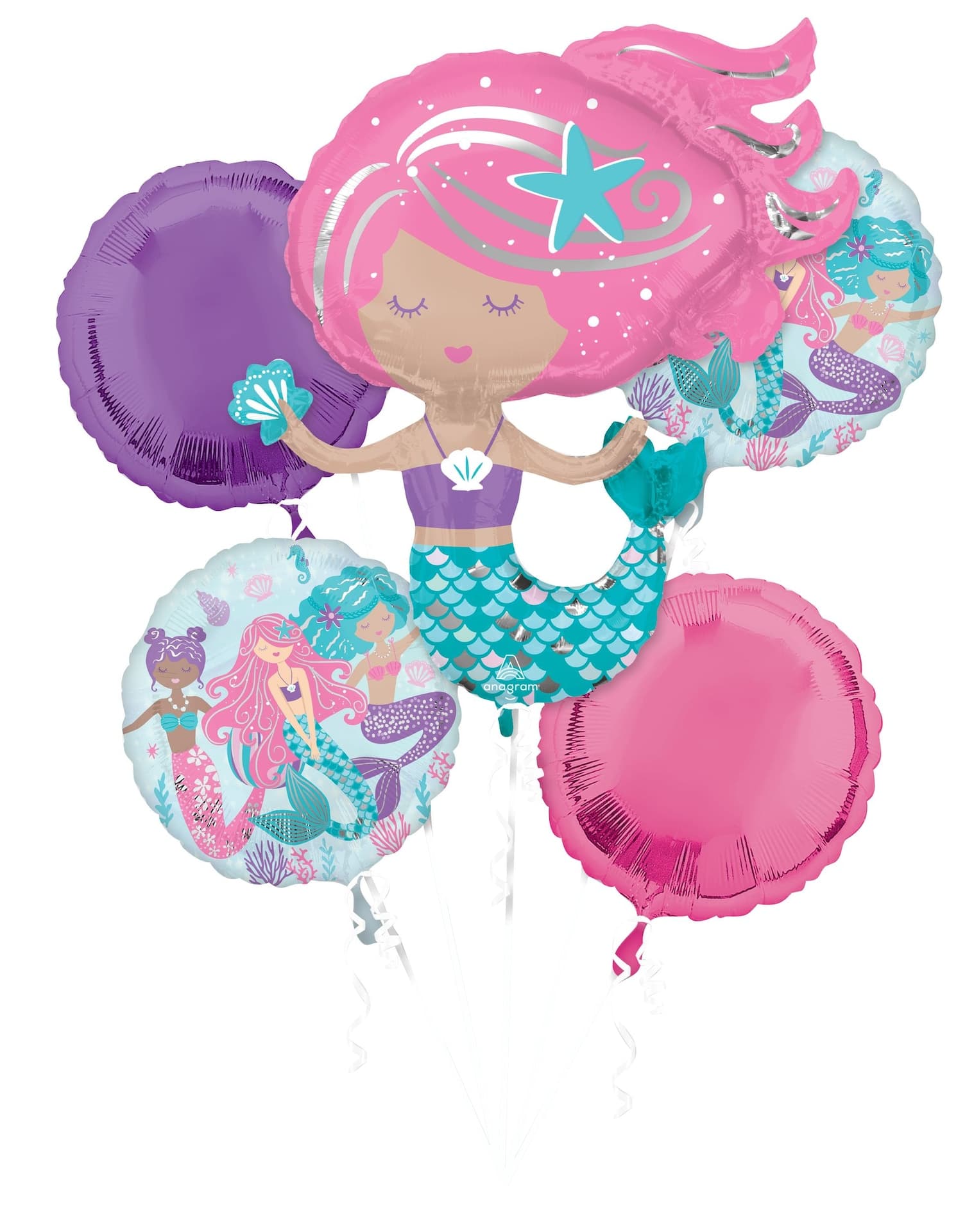 Shimmering Mermaid Round Satin Foil Balloon Bouquet, Pink/Purple/Blue, 5-pk, Helium Inflation & Ribbon Included for Birthday Party