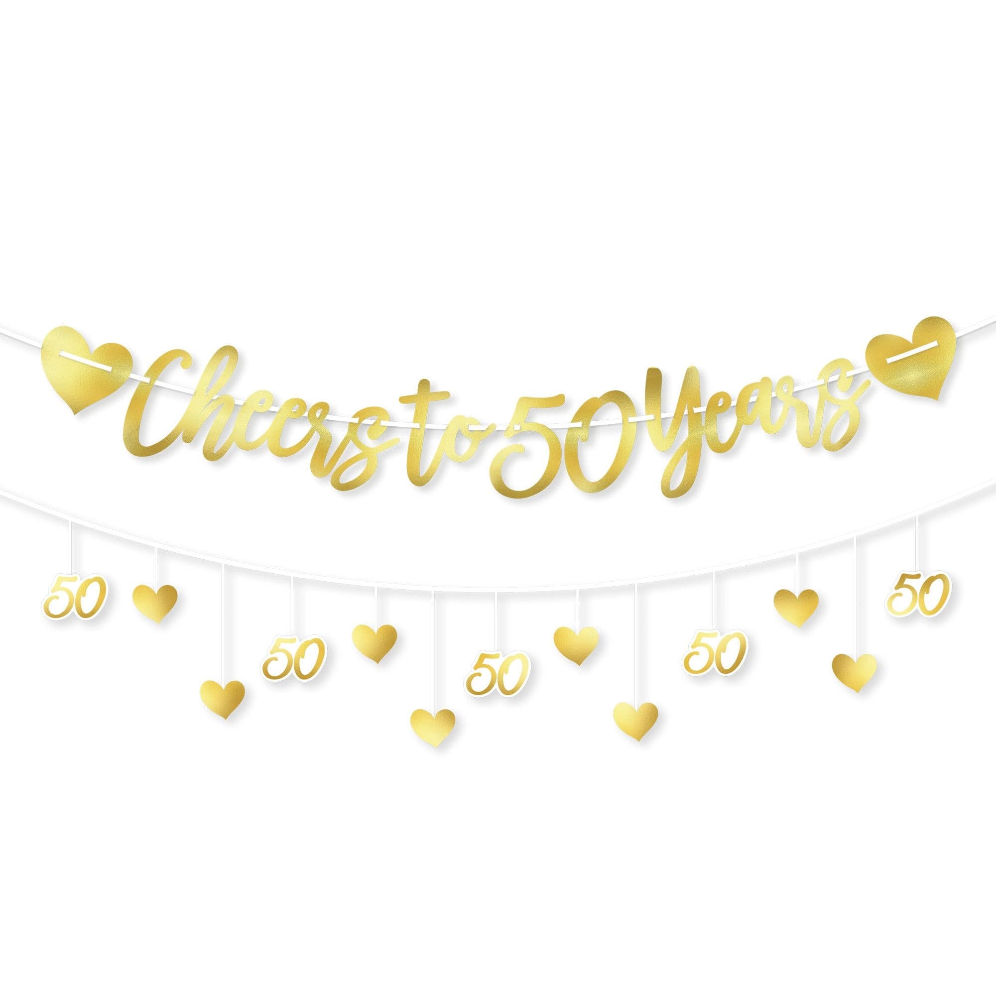 "Cheers to 50 Years" Hanging Garland Banner Decoration, Gold, Hearts, 12-ft, 2-pk, for Anniversary Party