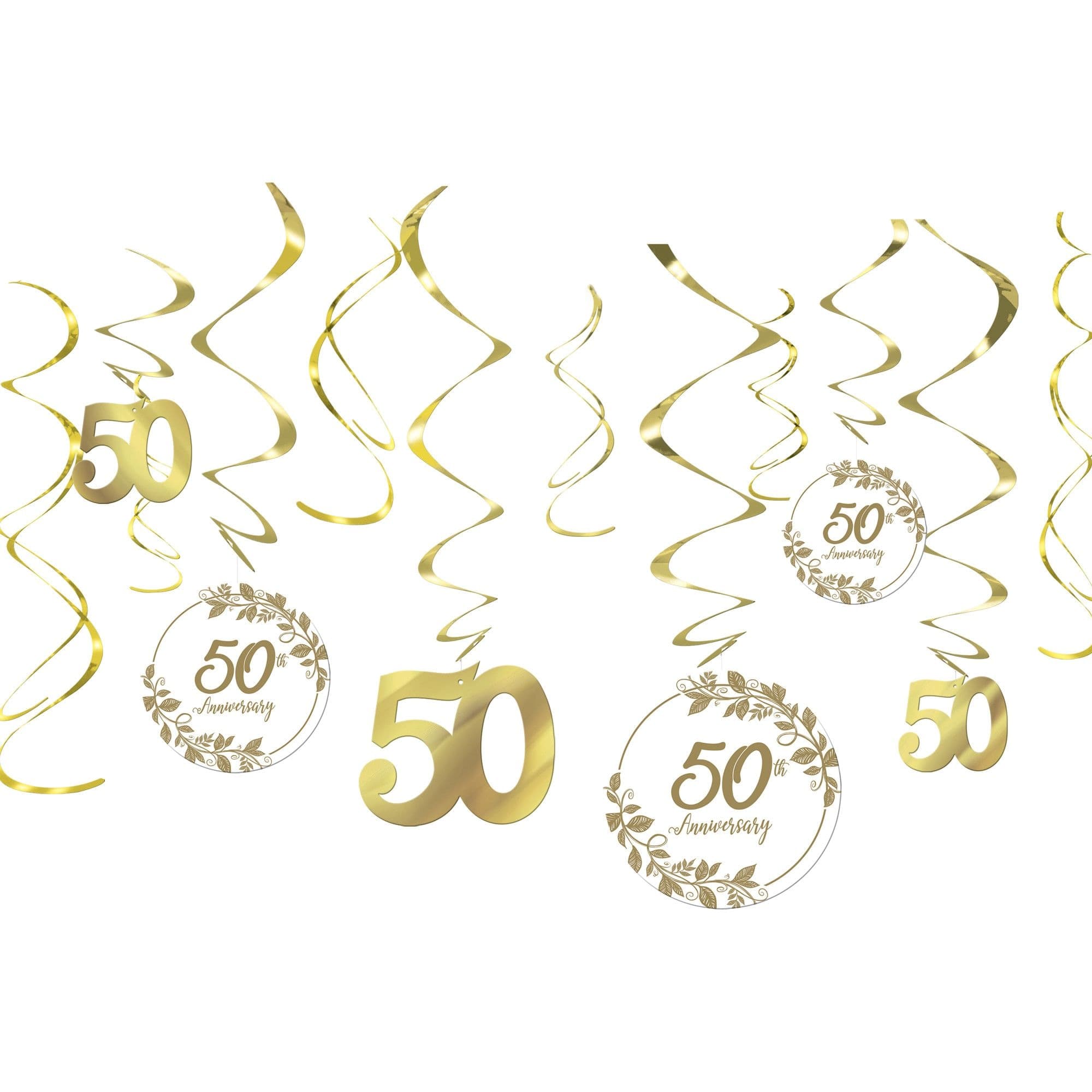 "50th Anniversary" Swirl Hanging Decorations, Gold, 10-in, 12-pk, for Anniversary Party