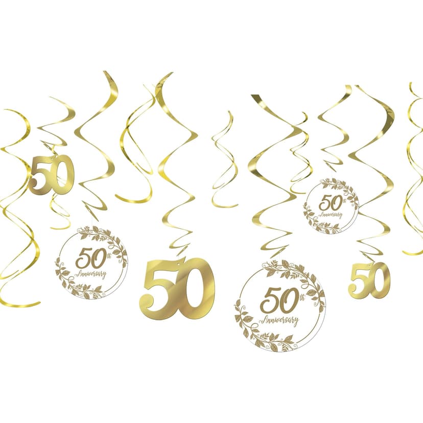 "50th Anniversary" Swirl Hanging Decorations, Gold, 10-in, 12-pk, for Anniversary Party