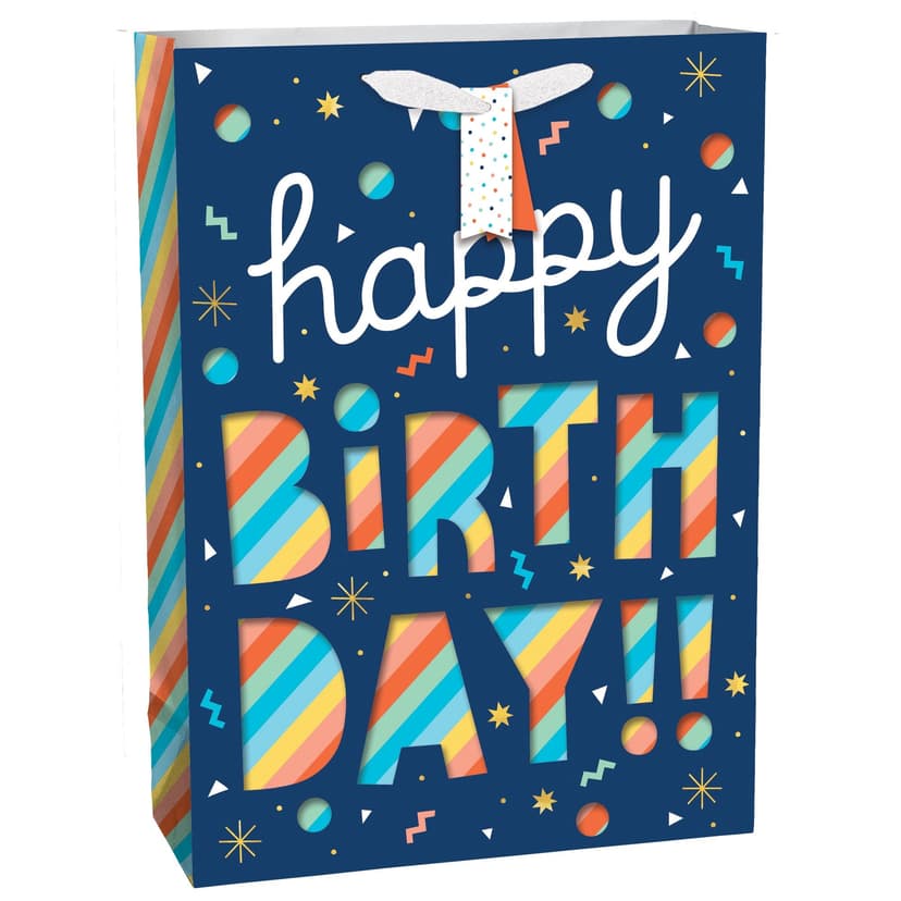 "Happy Birthday" Paper Gift Bag, Blue/Red, 17-in, for Birthday Party