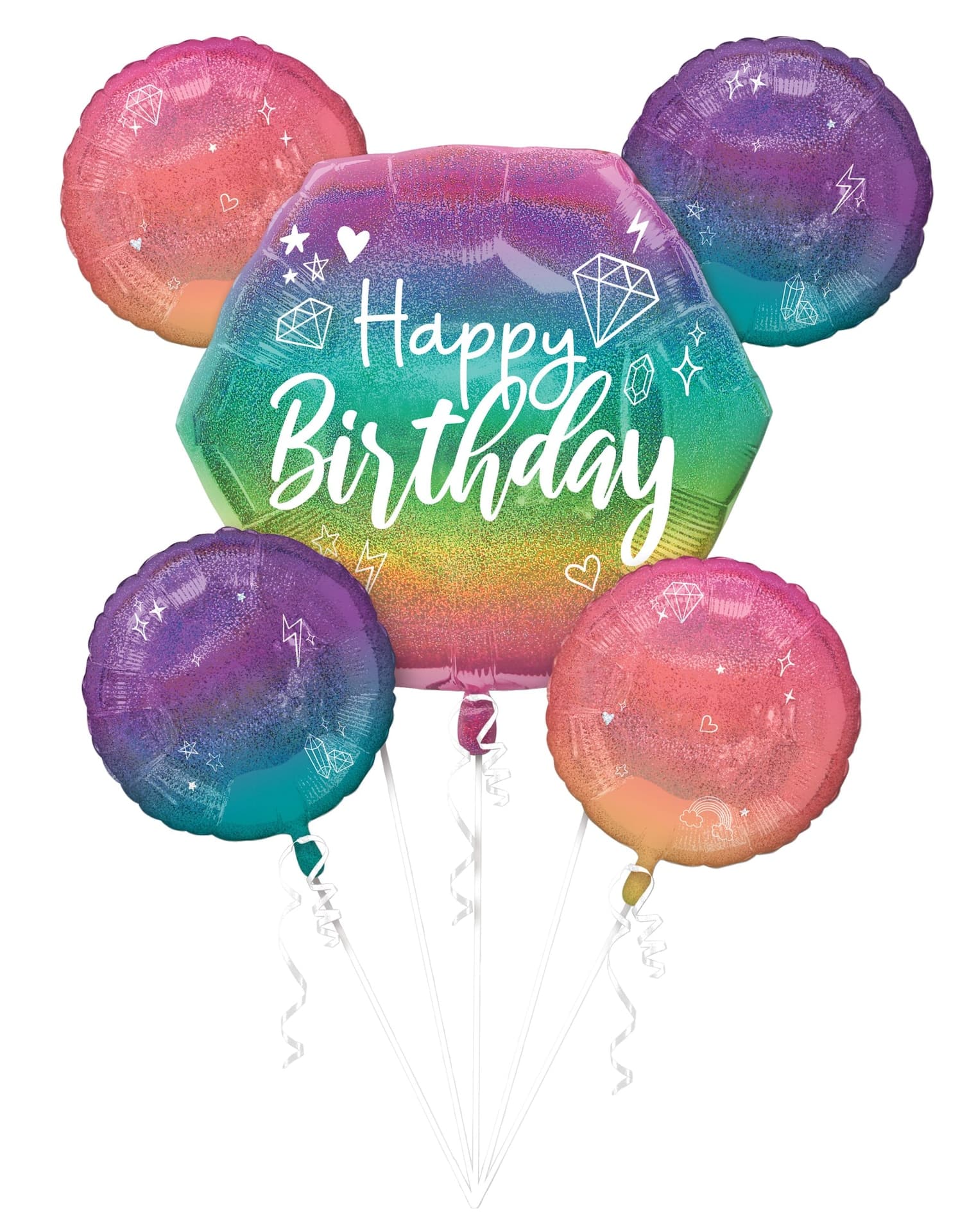Sparkle "Happy Birthday" Octagon/Round Satin Foil Balloon Bouquet, Multi-Coloured, Ombre 5-pk, Helium Inflation & Ribbon Included for Birthday Party