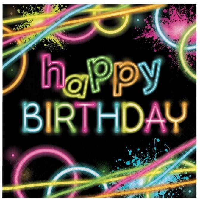 Glow "Happy Birthday" Square Paper Disposable Lunch Napkins, Black/Neon, 6.5-in, 16-pk, 2-ply, for Birthday Party