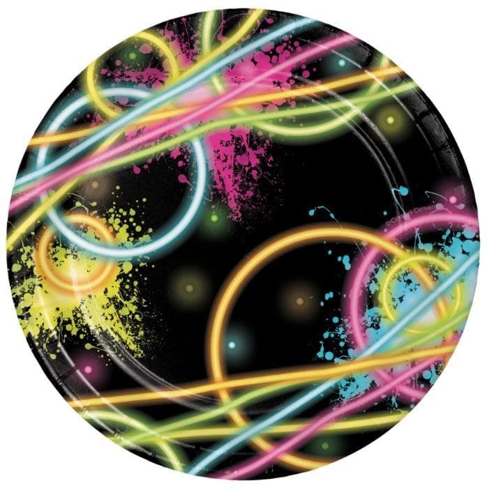 Glow Round Paper Disposable Dessert Plates, Black/Neon, 7-in, 8-pk, for Birthday Party