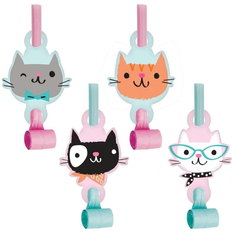 Cat Party Blowout Noisemakers, Multi-Coloured, 5-in, 8-pk, for Birthday Party