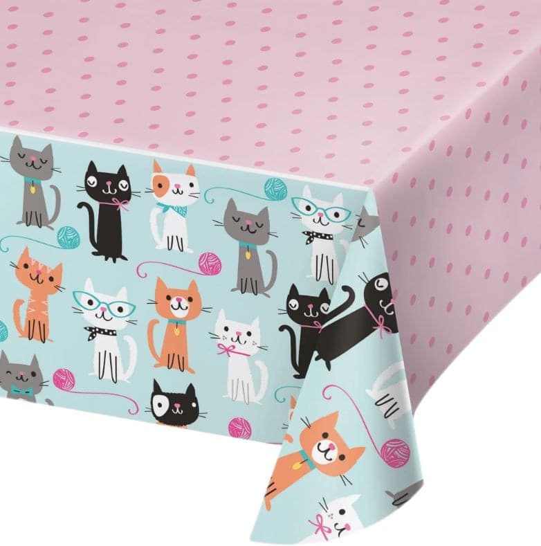 Cat Party Rectangle Plastic Reusable Table Cover, Pink/Blue, 54x102-in, for Birthday Party