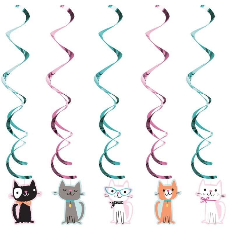 Cat Party Swirl Hanging Decorations, Green/Pink, 3.25-ft, 5-pk, for Birthday Party