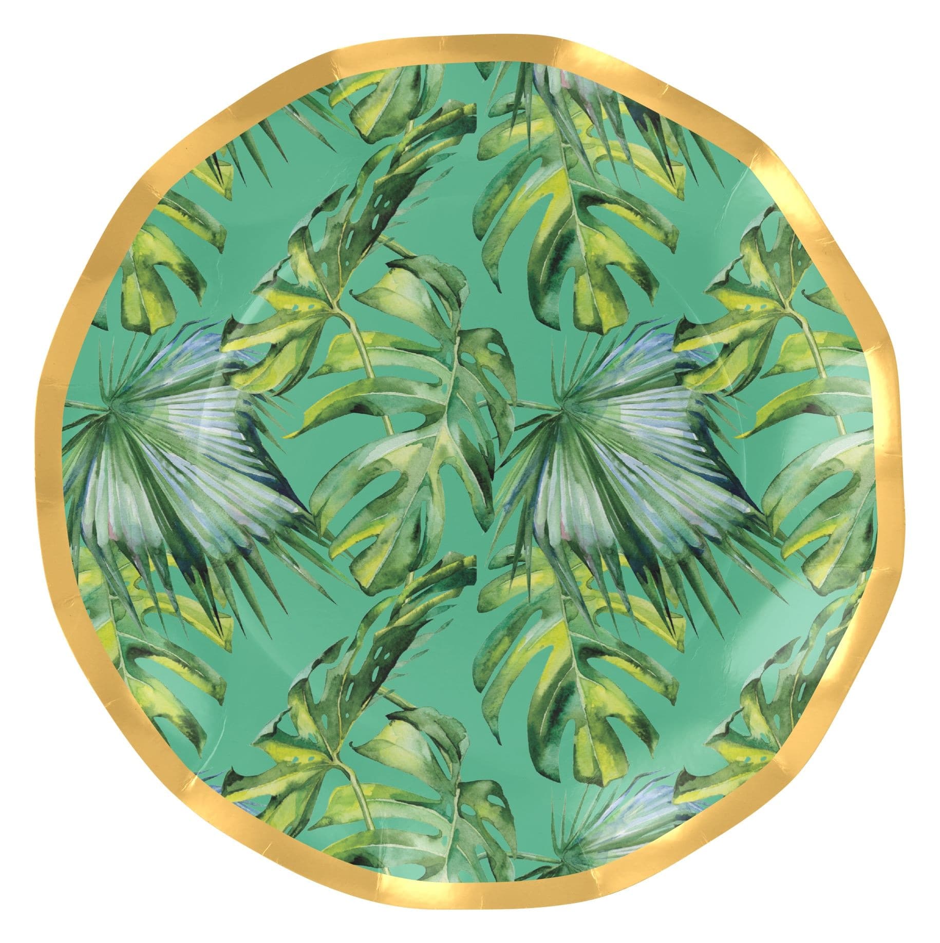 Sophistiplate Palm Spring Round Bordered Trimmed Paper Disposable Lunch Plates, Green/Gold, Palm Leaves, 8-in, 8-pk, for Summer Party