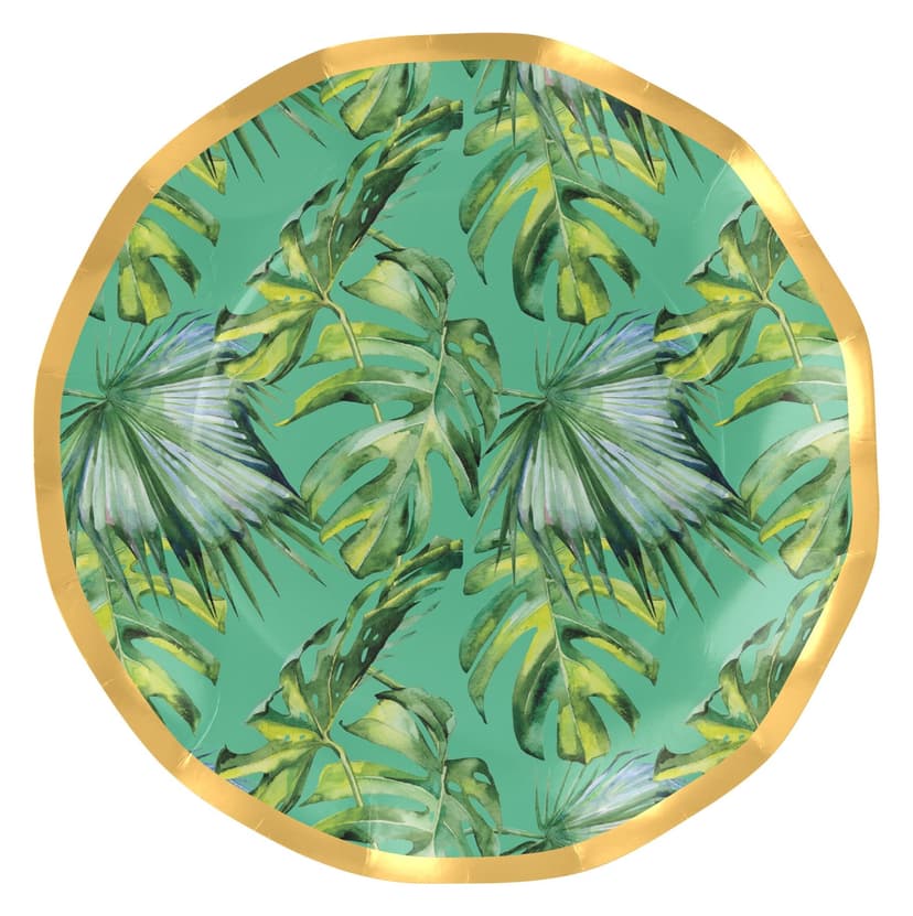 Sophistiplate Palm Spring Round Bordered Trimmed Paper Disposable Lunch Plates, Green/Gold, Palm Leaves, 8-in, 8-pk, for Summer Party