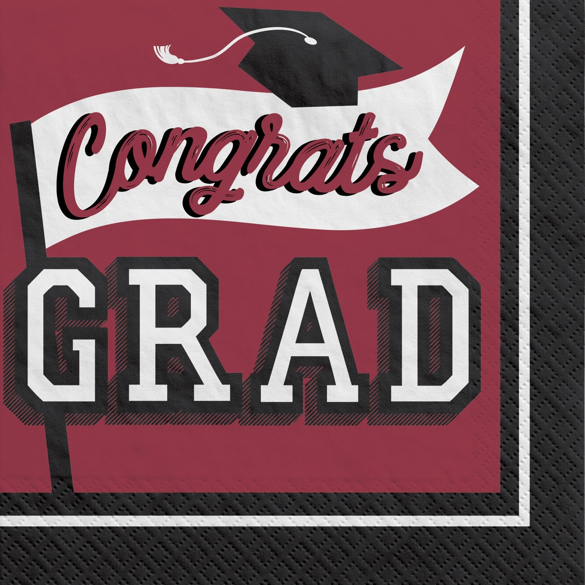 True to Your School "Congrats Grad!" Square Disposable Lunch Paper Napkins, Maroon, 6.5-in, 40-pk, 2-ply, for Graduation