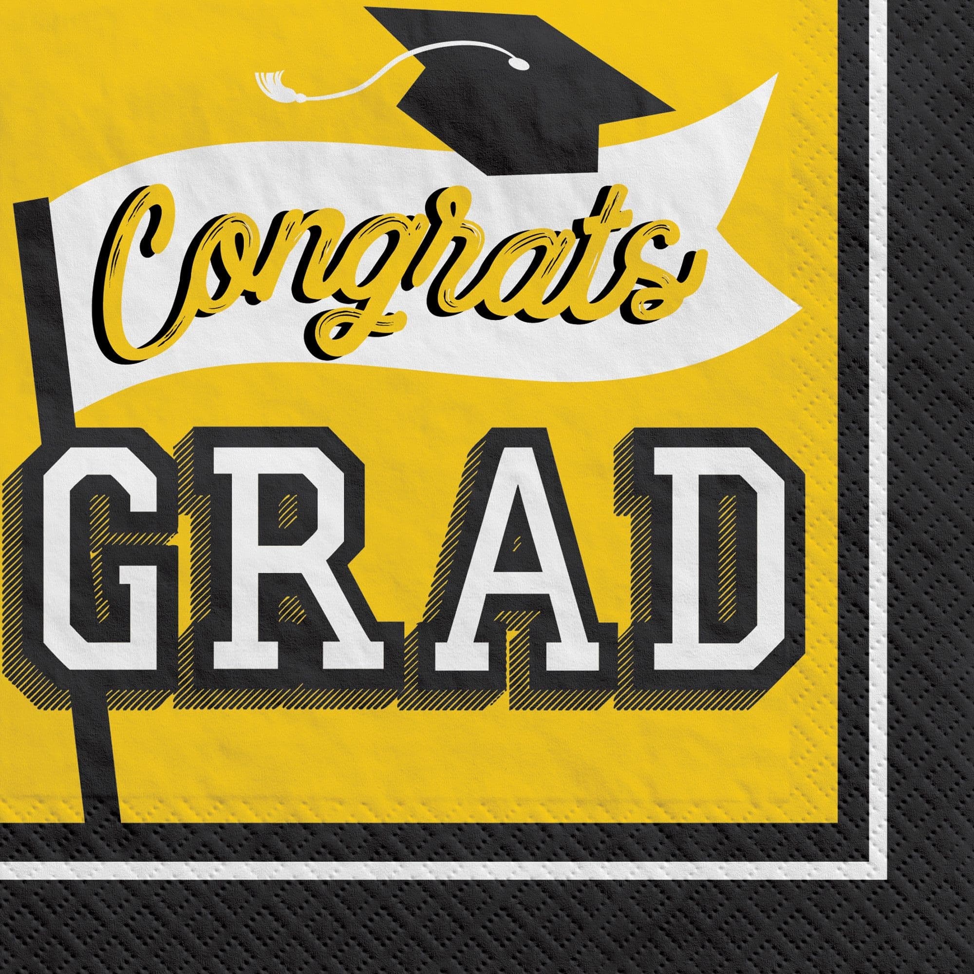 True to Your School "Congrats Grad!" Square Disposable Lunch Paper Napkins, Yellow, 6.5-in, 40-pk, 2-ply, for Graduation