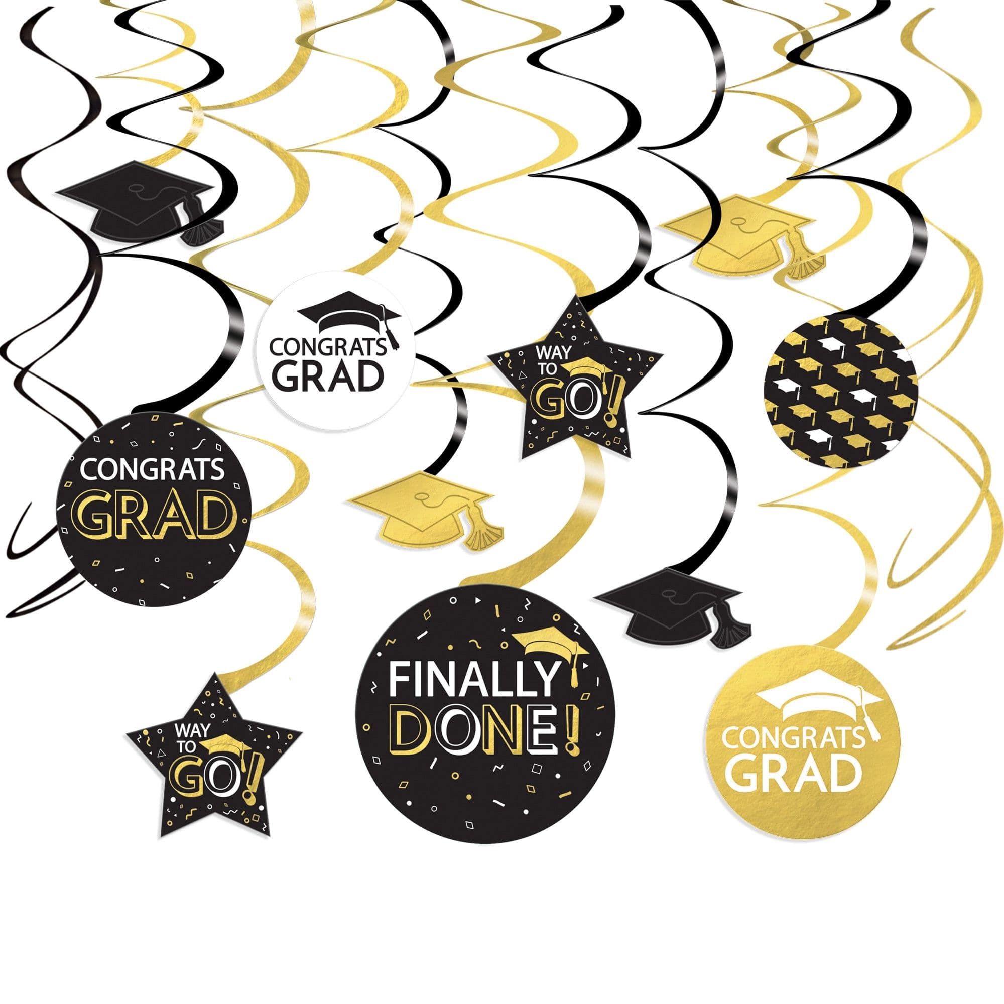 "Congrats Grad" Swirl Hanging Decorations, Black/Gold, 7-in, 16-pk, for Graduation