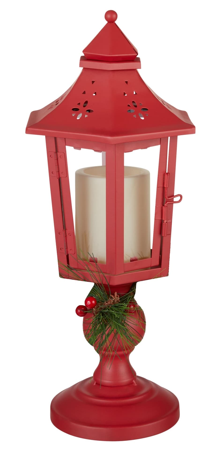 FOR LIVING Christmas Tabletop Decoration Red Lamppost Lantern with LED Candle, 17-in