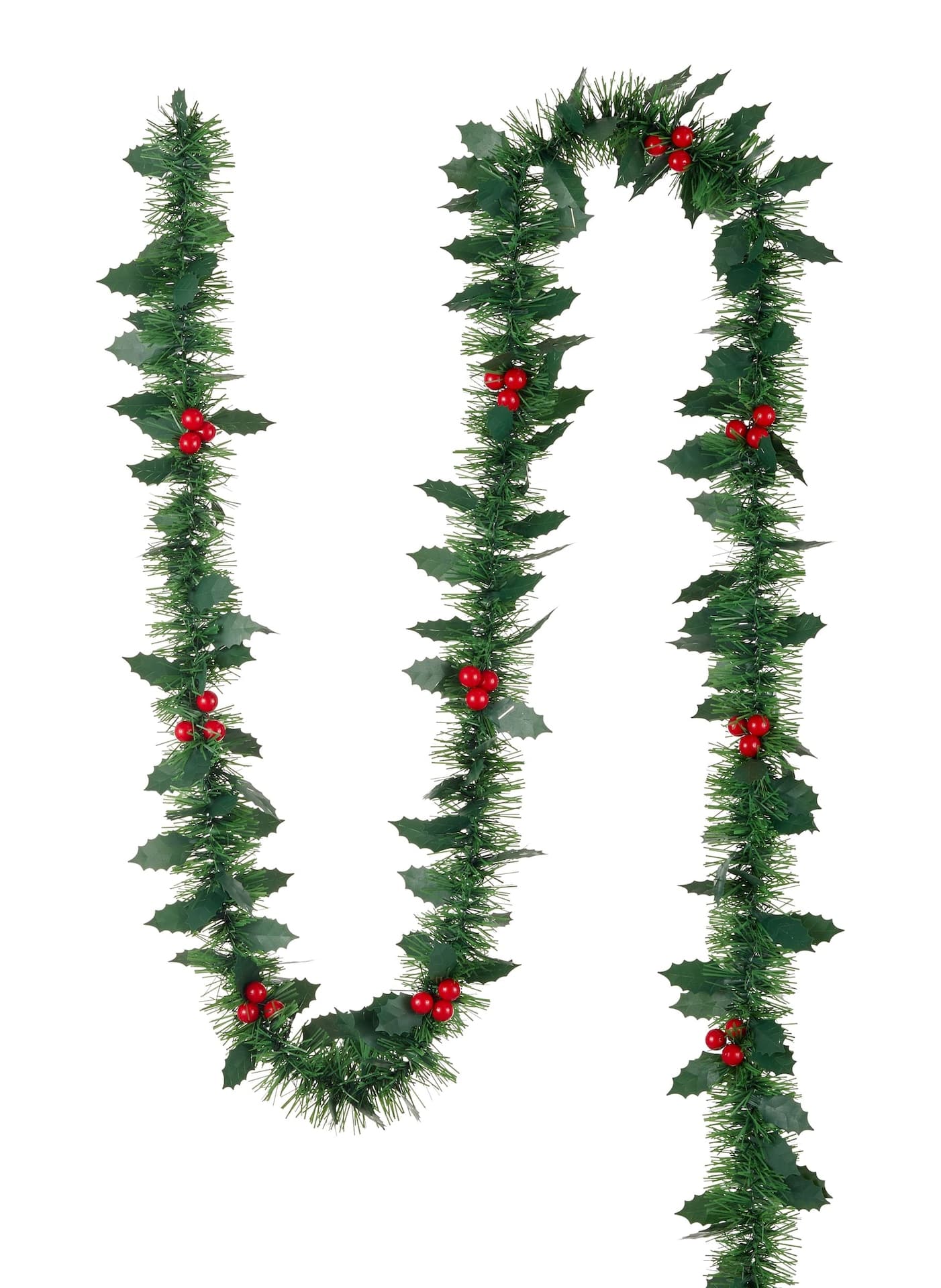 For Living Christmas Decoration Green Holly Tinsel Garland w/ Berries, 9-ft