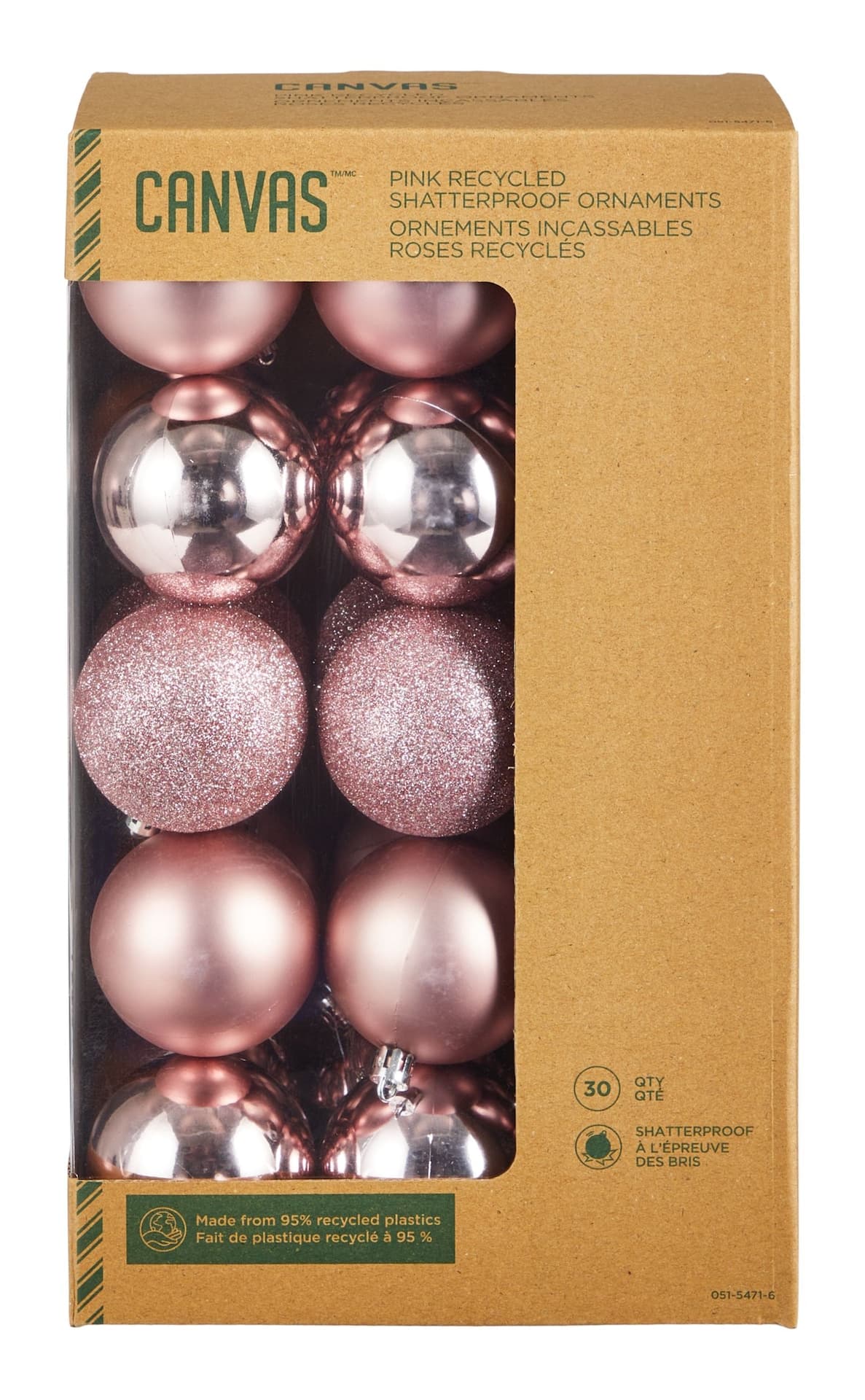 CANVAS Shatterproof Recycled Christmas Ornament Set, Pink, 60-mm, 30-pk