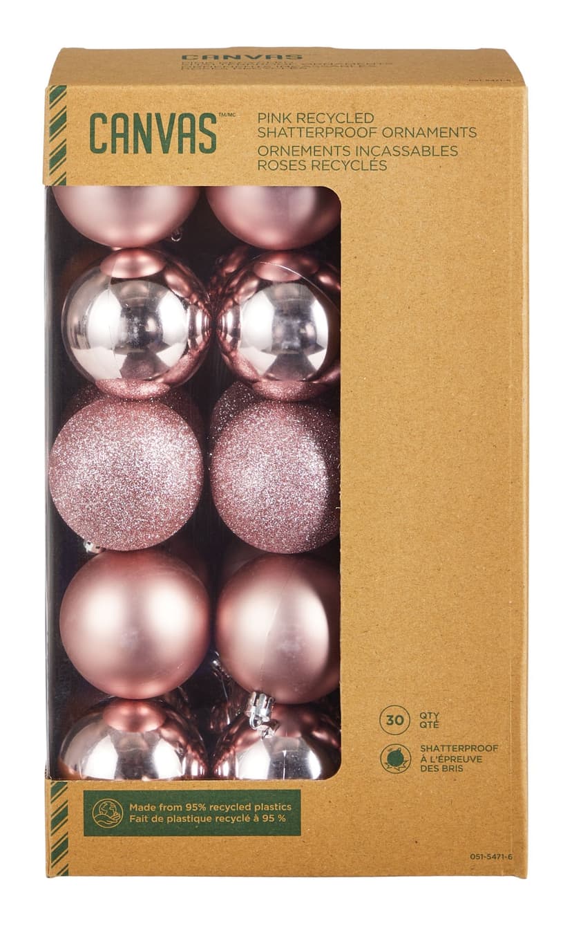 CANVAS Shatterproof Recycled Christmas Ornament Set, Pink, 60-mm, 30-pk