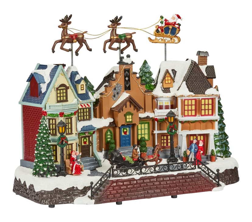 For Living Battery Operated Miniature Christmas Village Scene with Flying Santa's Sleigh Decoration