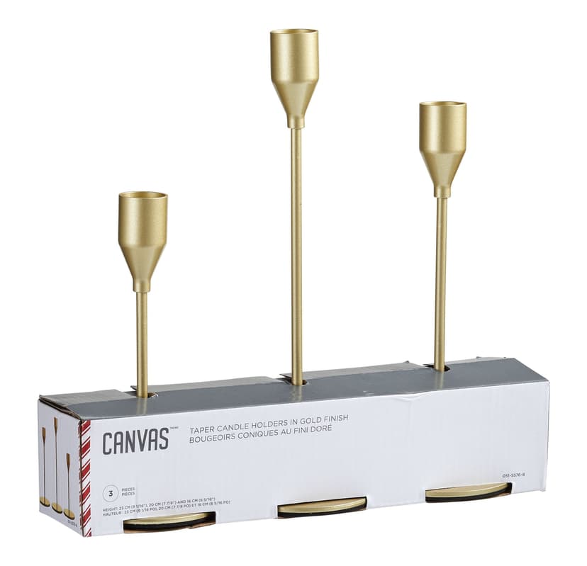 CANVAS Tabletop Christmas Décor Gold Metal Taper Candle Holder, 3-pk